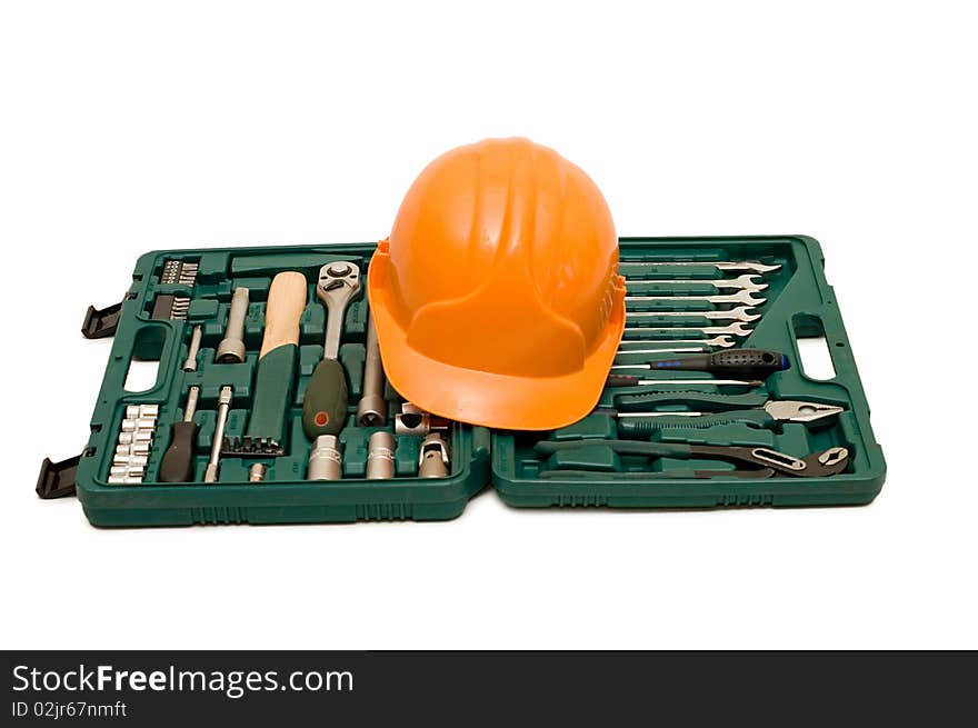 Box for tools a helmet isolated on white background