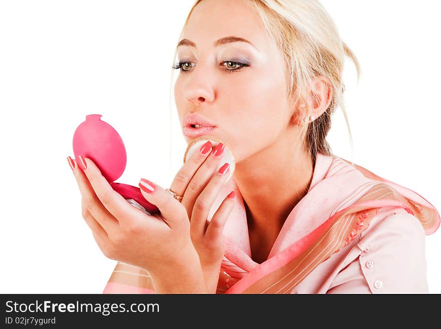 Young sweet pretty girl with powder box