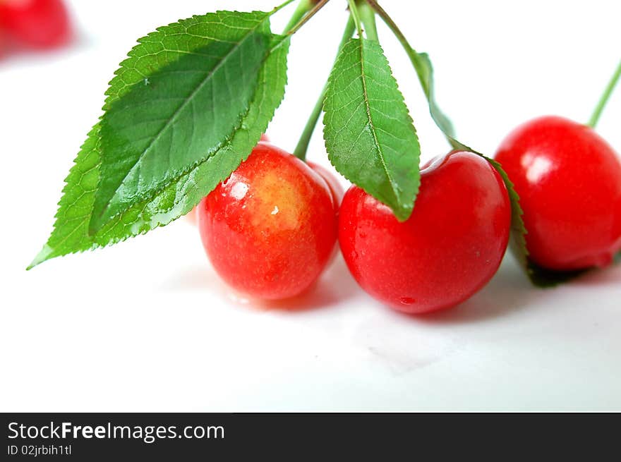 Cherry fruits with leaves