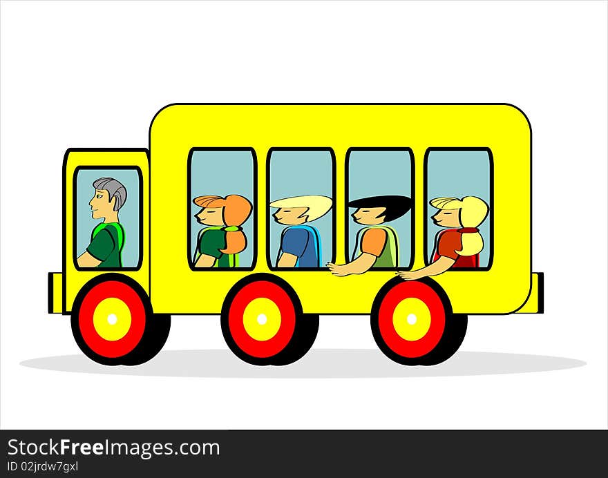 School bus and children. Children are carried in a yellow vehicle. A coach driver drives.