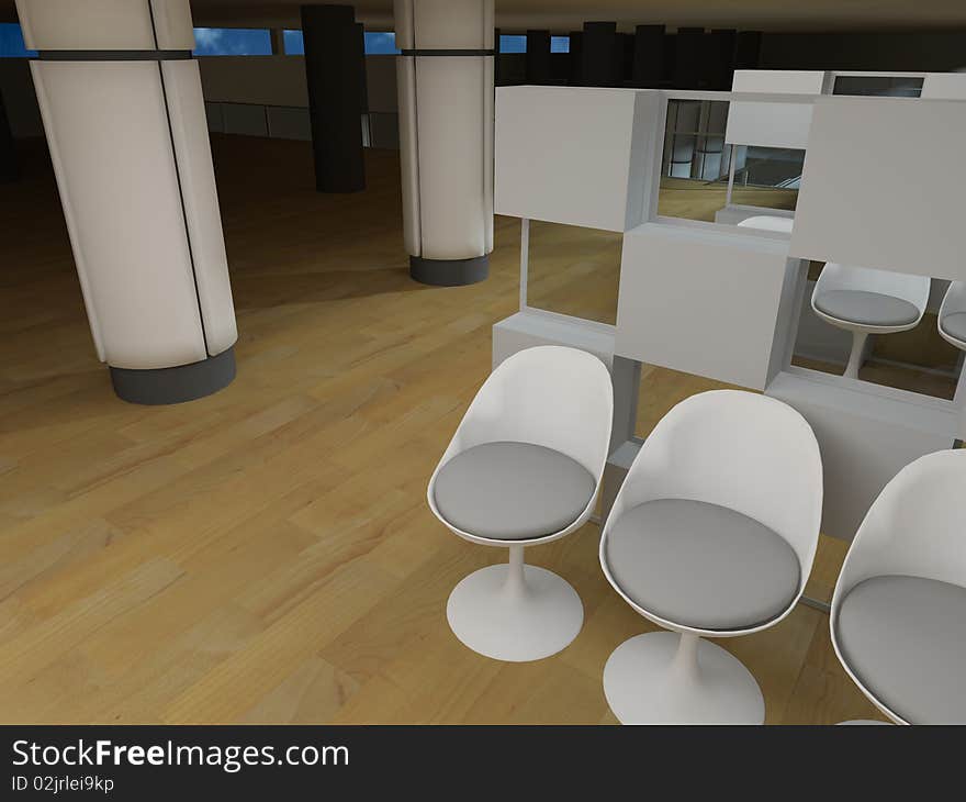 Hospital waiting room, conceptual architecture, clean space.