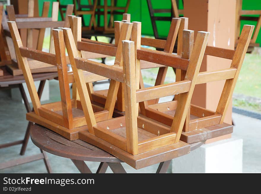 Close up of wooden chair at the canteen