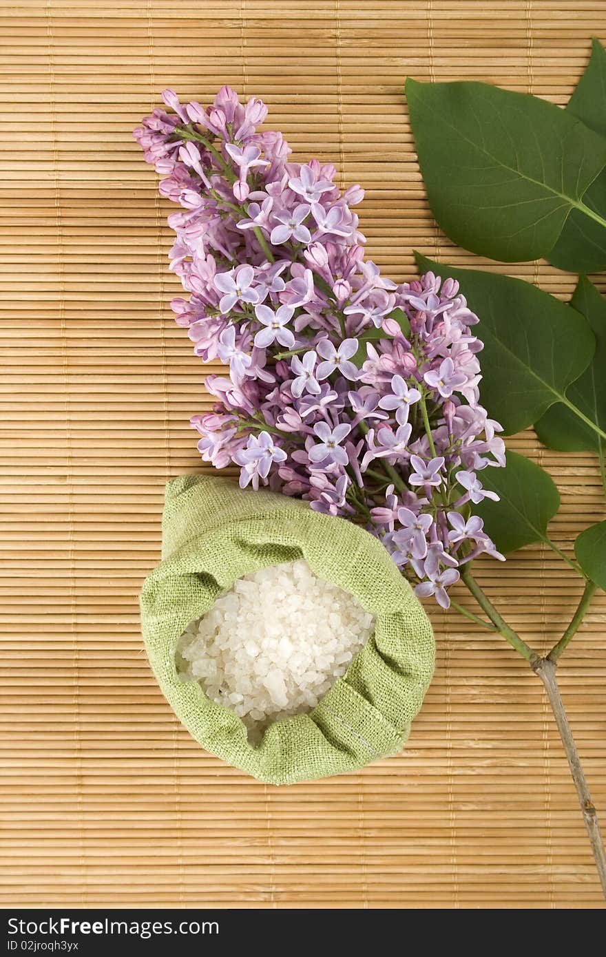 Branch of lilac and green bag with scattered sea salt. Branch of lilac and green bag with scattered sea salt