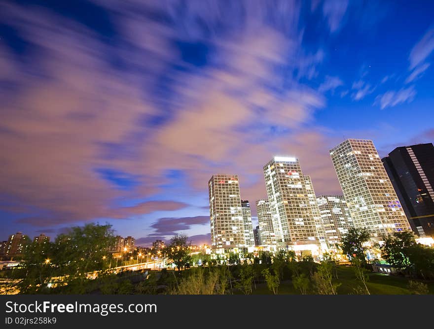 Office buildings in downtown Beijing at night