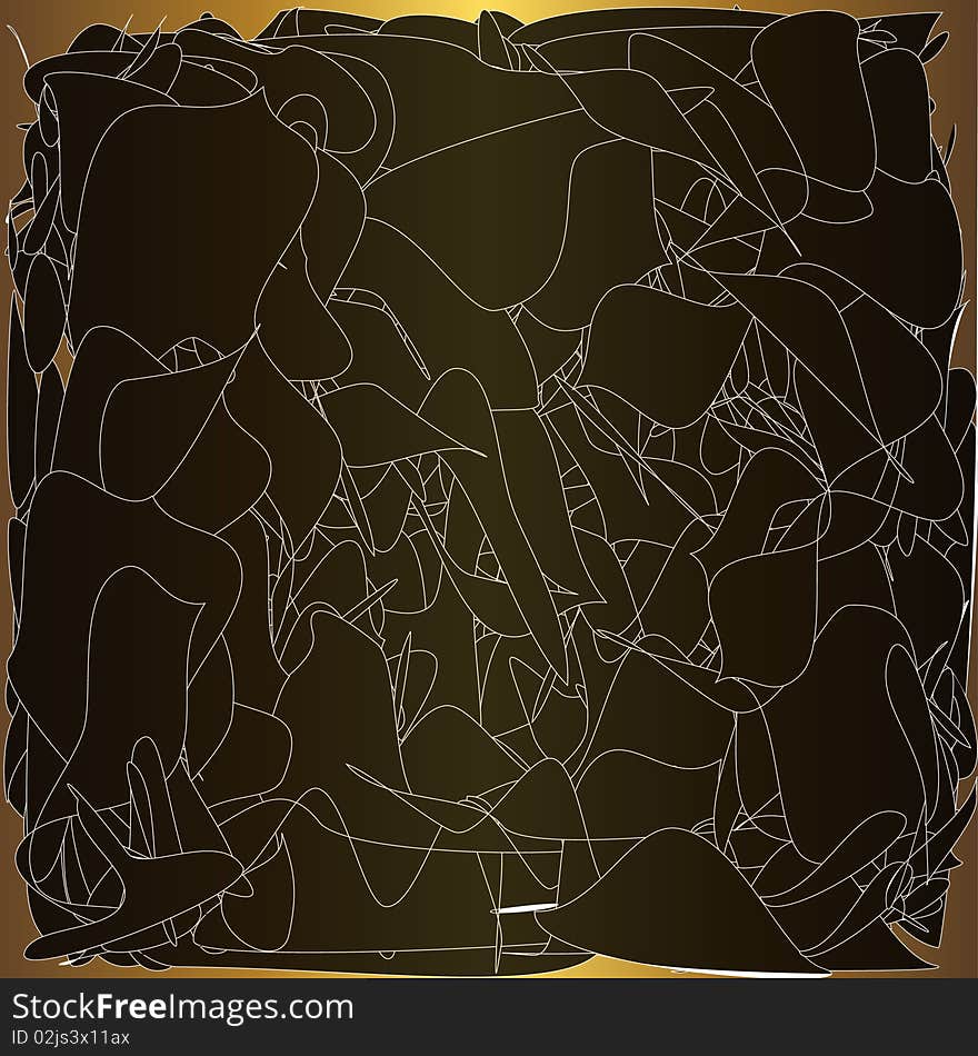 Abstract curves and dark shapes on a golden background. Abstract curves and dark shapes on a golden background.