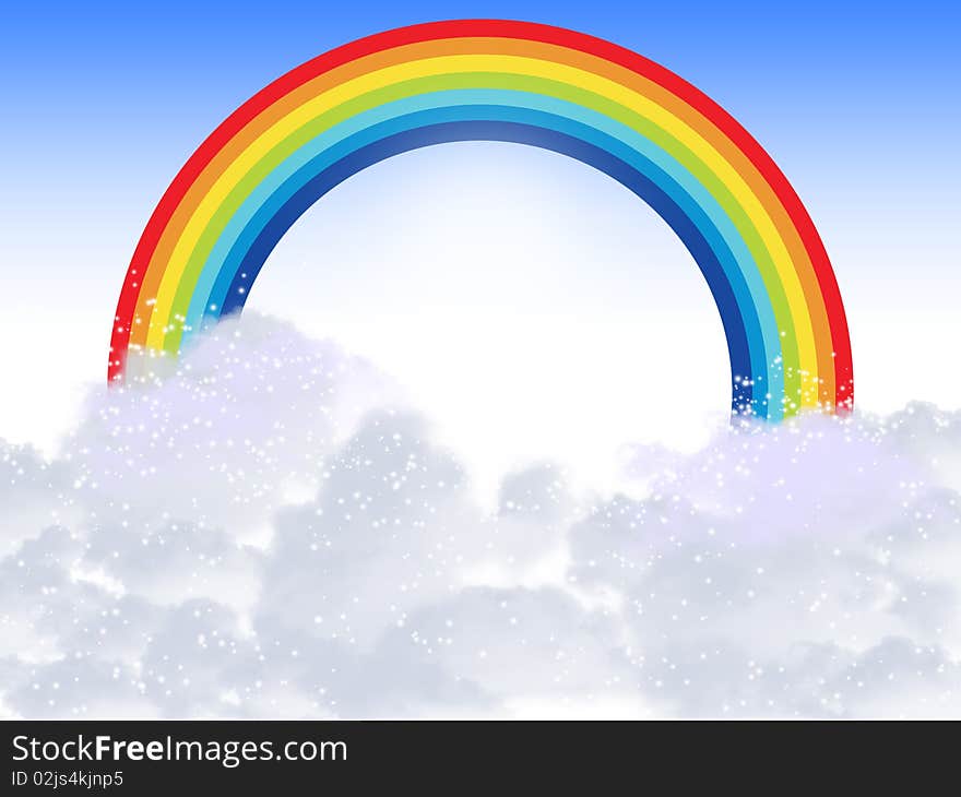 Rainbow with clouds at a gradient background. Cartoon image