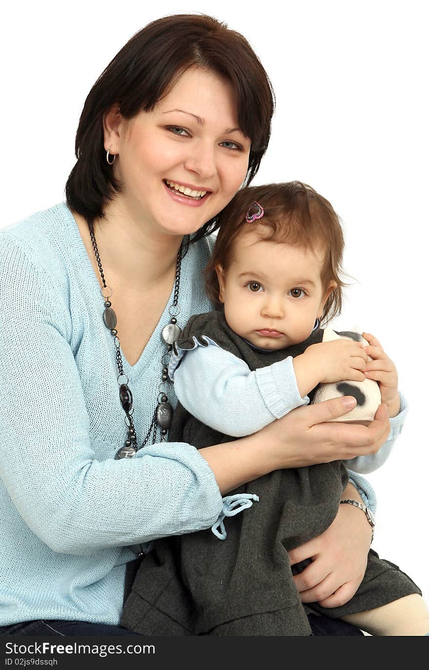 Happy mother with little daughter on white background