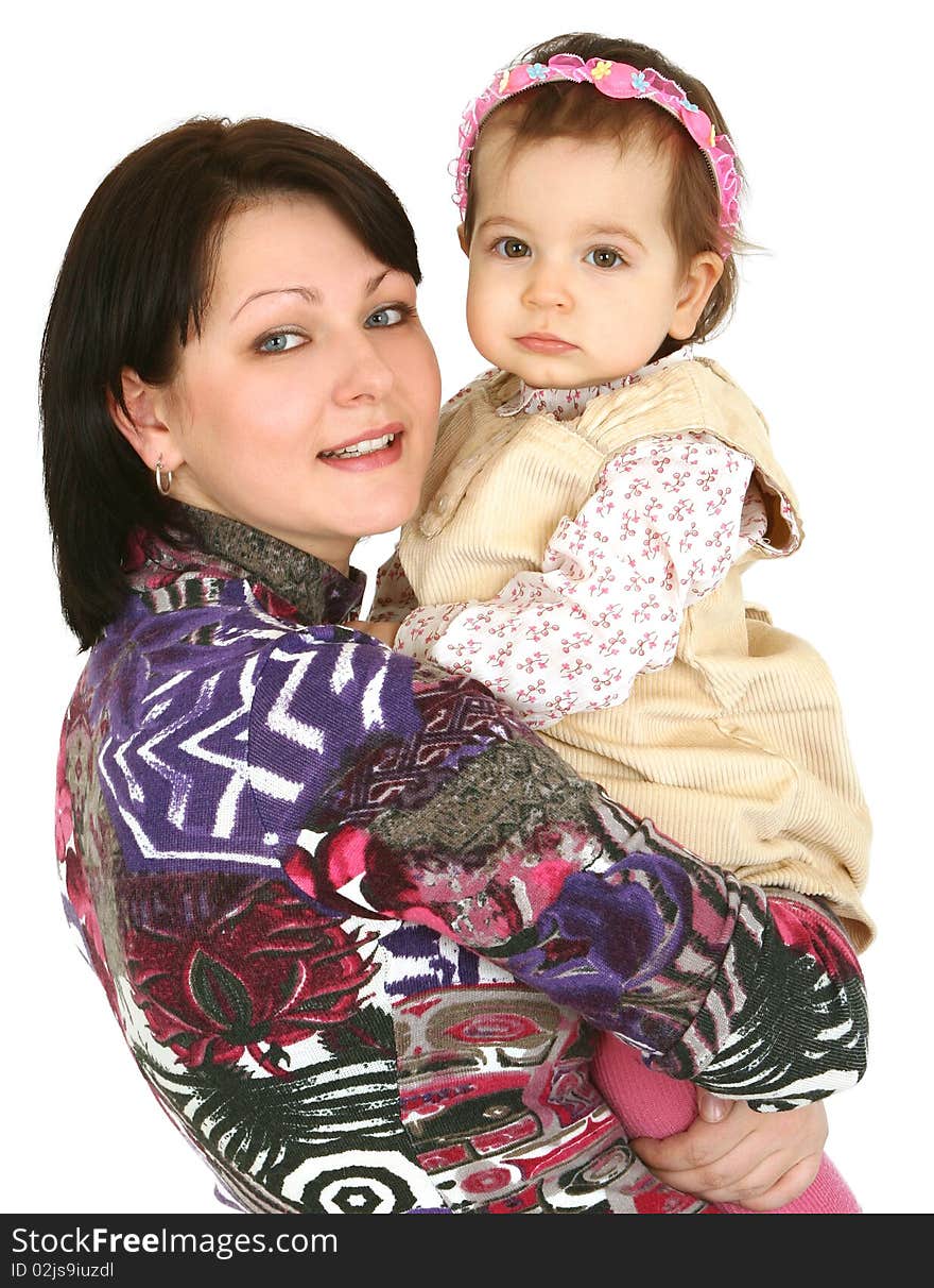 Happy mother with little daughter on white background