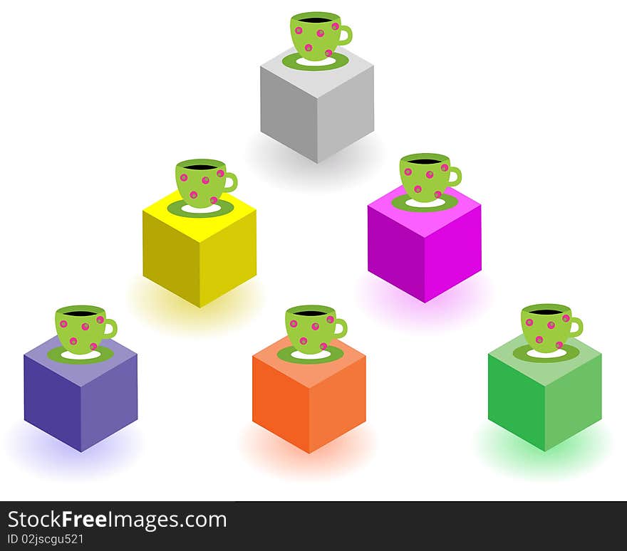 Cups and saucers stand on multi-coloured cubes