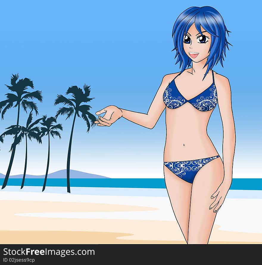 Illustration of a young girl with blue bikini