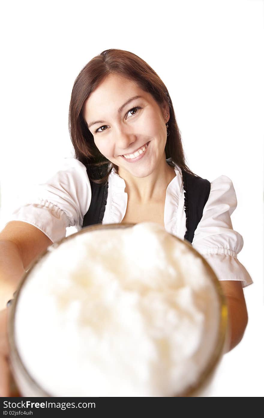 Beautiful and happy woman holding Oktoberfest beer stein. Isolated on white. Beautiful and happy woman holding Oktoberfest beer stein. Isolated on white.