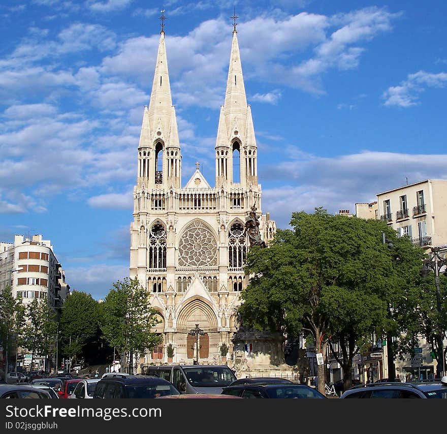 The reformed church of St Vincent de Paul at the top of The Canebière in Marseille. Completed in 1880 in the Gothic style, it is surmounted by two arrows from 70 meters overhead. The reformed church of St Vincent de Paul at the top of The Canebière in Marseille. Completed in 1880 in the Gothic style, it is surmounted by two arrows from 70 meters overhead.