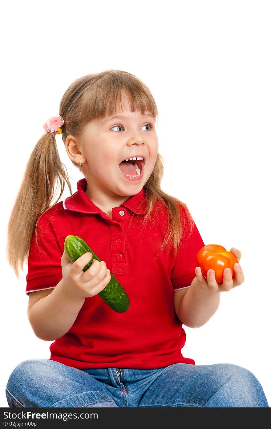 The girl with vegetables on the white background