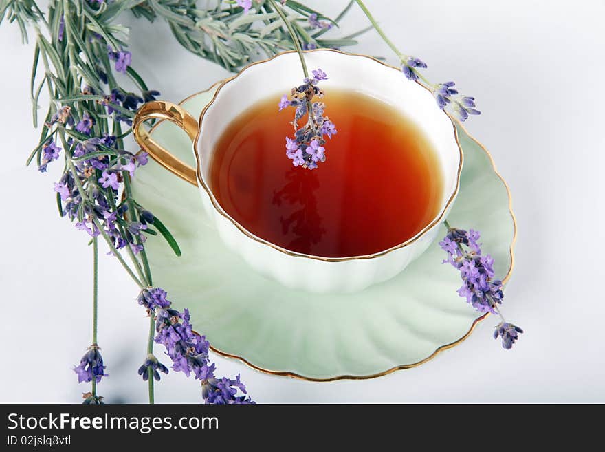 A Cup of tea and flowers of the lavender