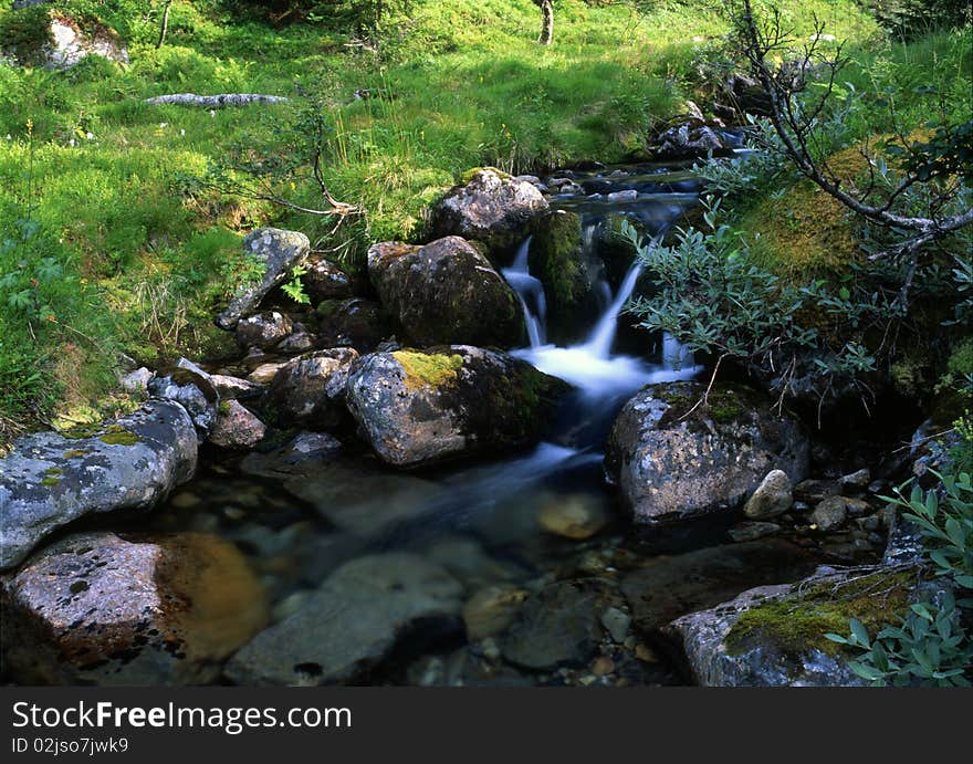 Mountain stream with rocks and green grass