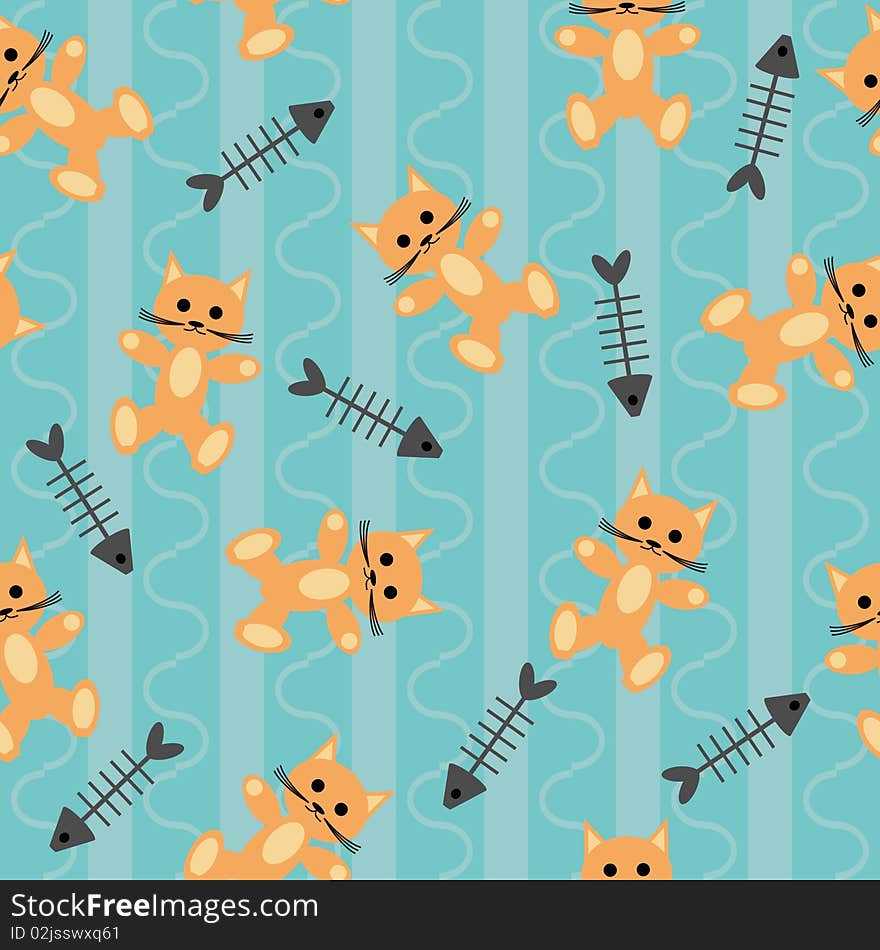 Seamless background with cats and fishbones