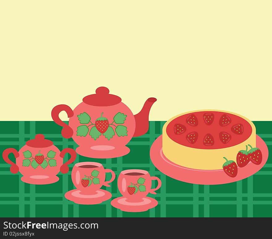 Kitchen illustration with strawberry pie