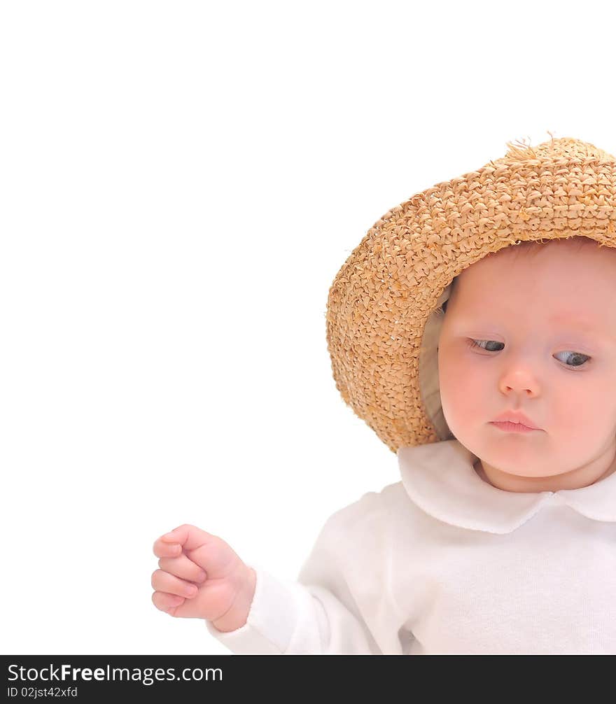 Beautiful baby, straw hat, isolated on white. Beautiful baby, straw hat, isolated on white