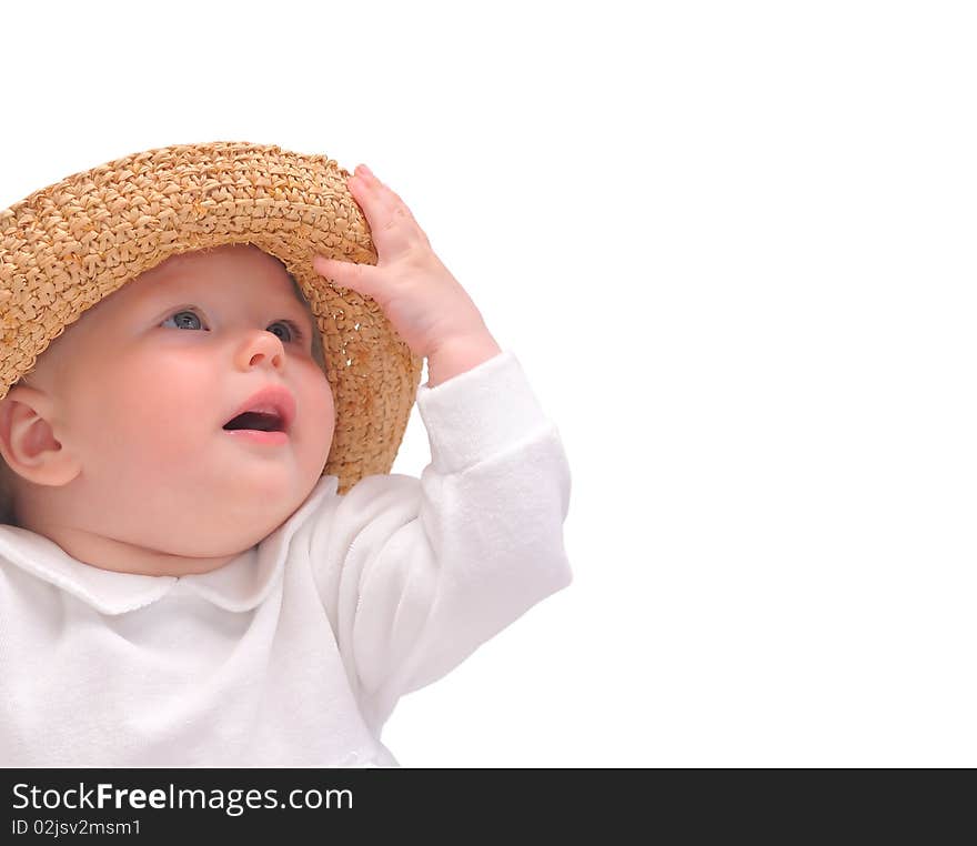 Beautiful baby, straw hat, isolated on white. Beautiful baby, straw hat, isolated on white