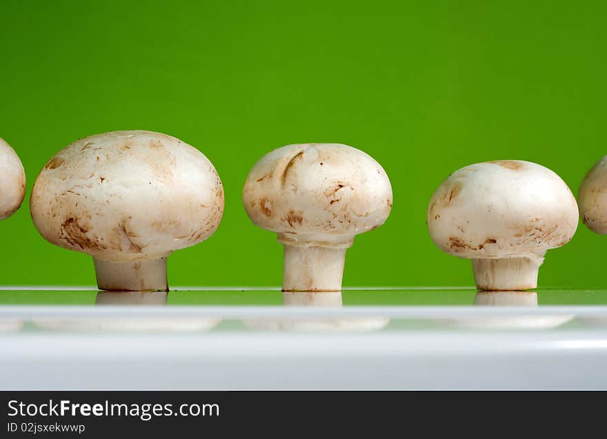 Fresh mushrooms on a white table against the wall