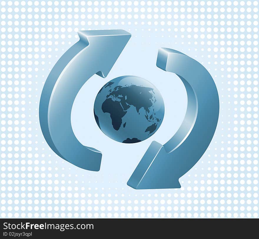 Blue recycling-refreshing symbol with Earth in its center. Vector illustration. Blue recycling-refreshing symbol with Earth in its center. Vector illustration