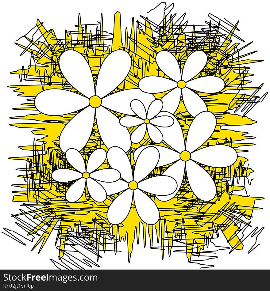 White daisies on a yellow background with scribble black lines. White daisies on a yellow background with scribble black lines
