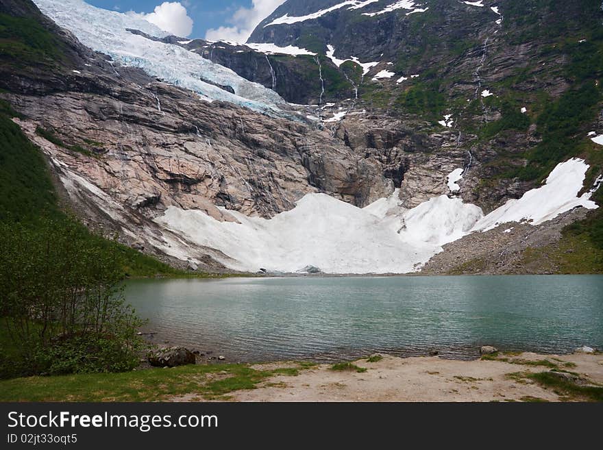 Lake in the mountains with glacier view , image was taken in Norway