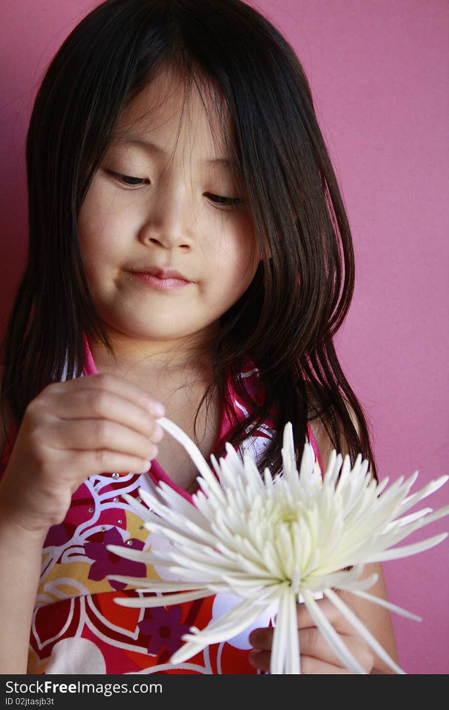 Little asian chinese girl picking flower parts. Little asian chinese girl picking flower parts