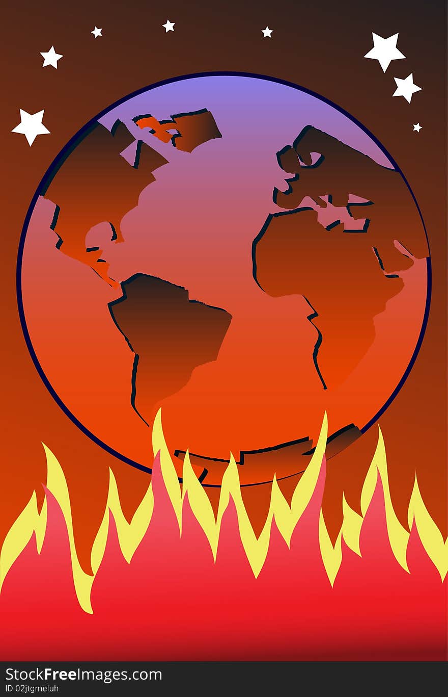 An image showing a reddish color Earth under which flames are burning high and heating up the Earth. An image showing a reddish color Earth under which flames are burning high and heating up the Earth