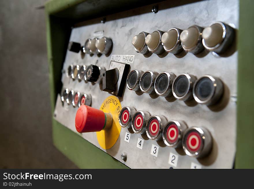 Powerswitches of a conveyerbelt in a sawmill. Powerswitches of a conveyerbelt in a sawmill