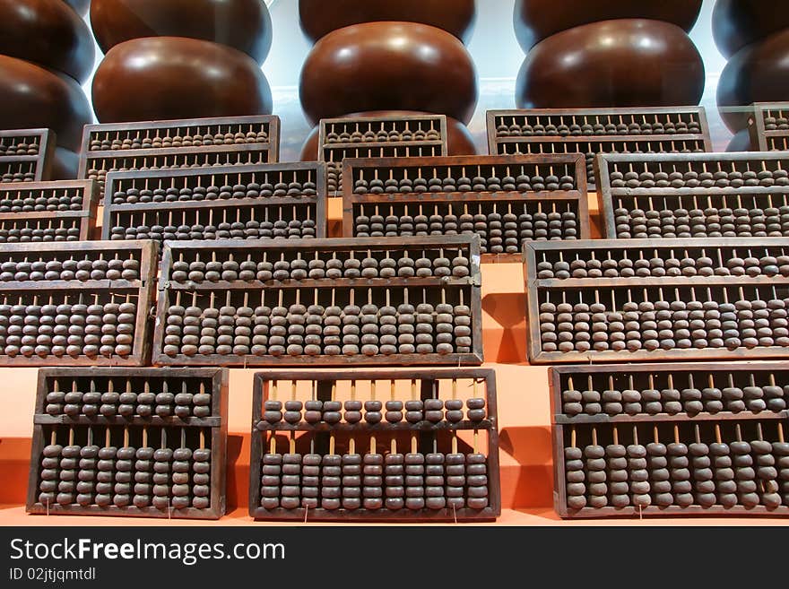 Old Chinese abaci in the museum. Abacus is fastest computing tool before computer was invented.