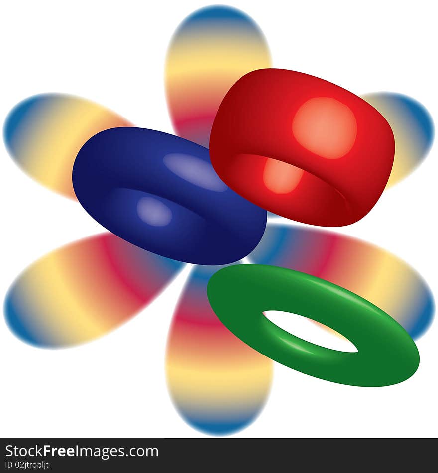 3D retro bakelite bracelets in red, blue, and green on a colorful 70's-style flower background. 3D retro bakelite bracelets in red, blue, and green on a colorful 70's-style flower background