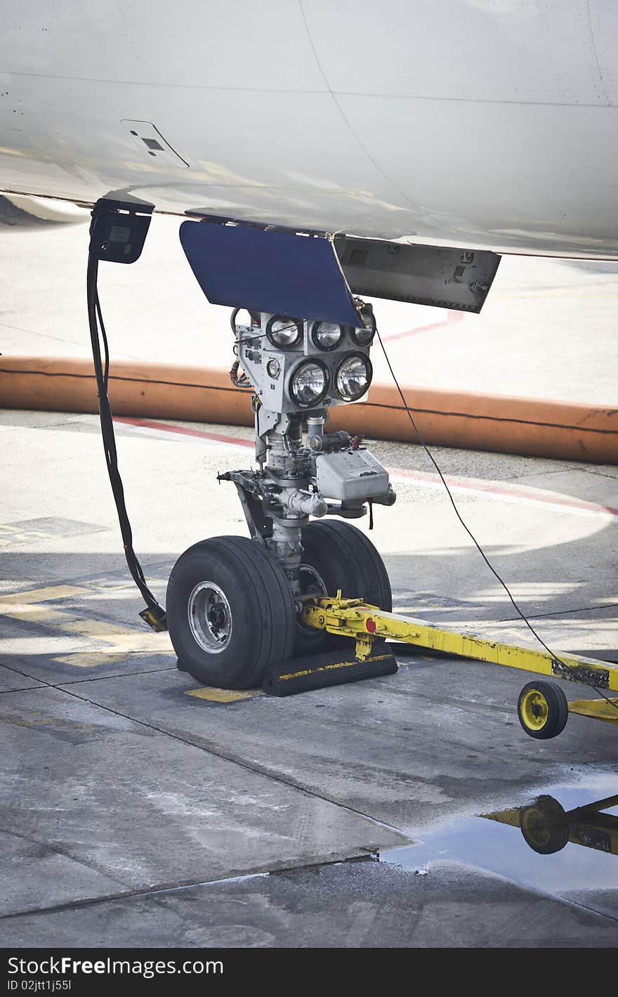 Front wheel and tires of a passenger airplane. Front wheel and tires of a passenger airplane