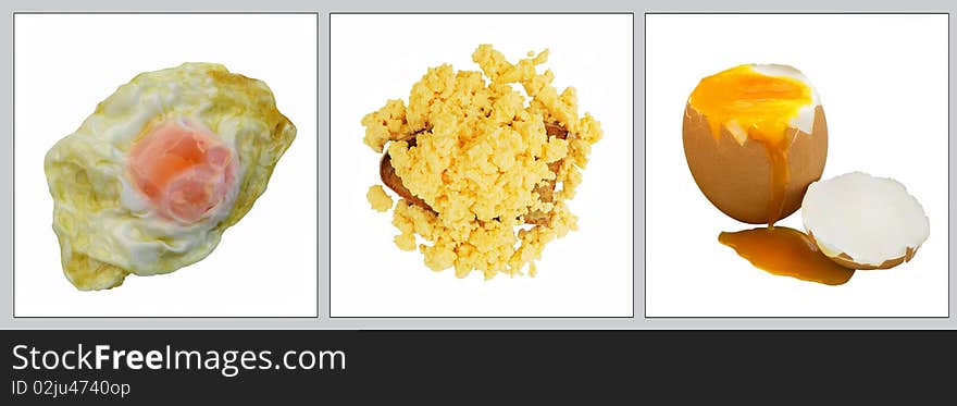 Three images of fried, boiled, and scrambled eggs.