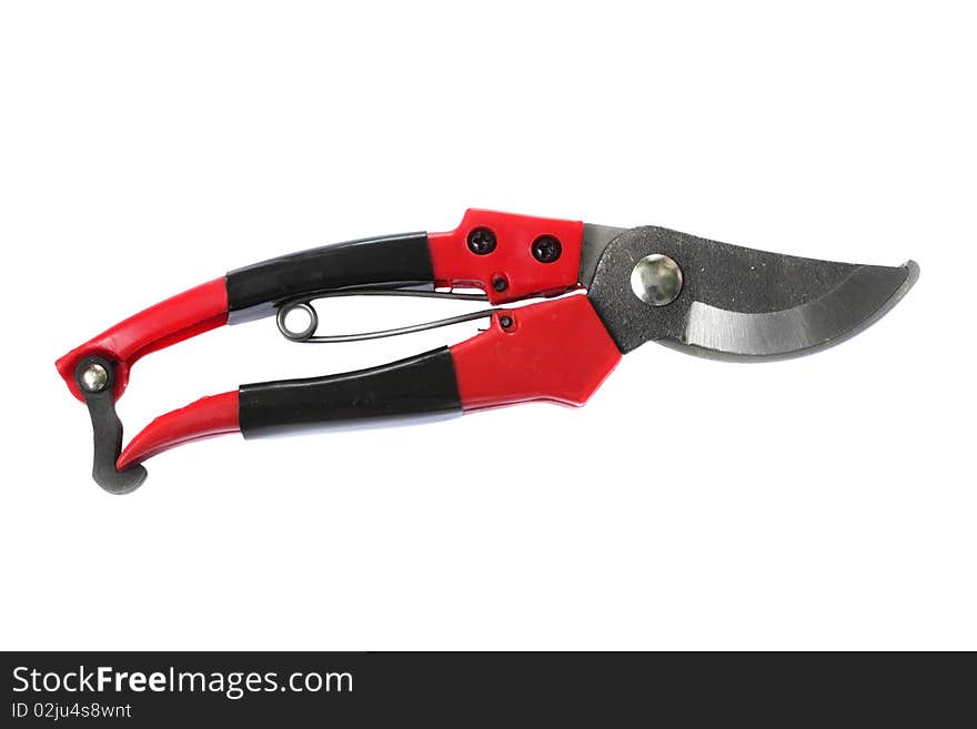 Red pruning shear isolated on white background