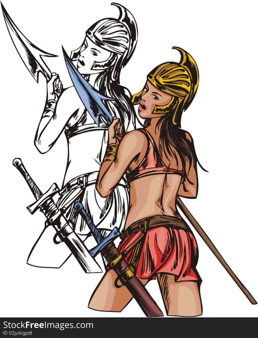 A girl in a tunic, holding a sword in hand. A girl in a tunic, holding a sword in hand.