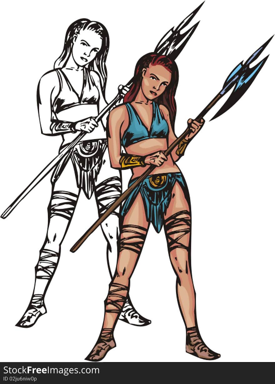 A girl in a tunic, holding a spear in hand. A girl in a tunic, holding a spear in hand.