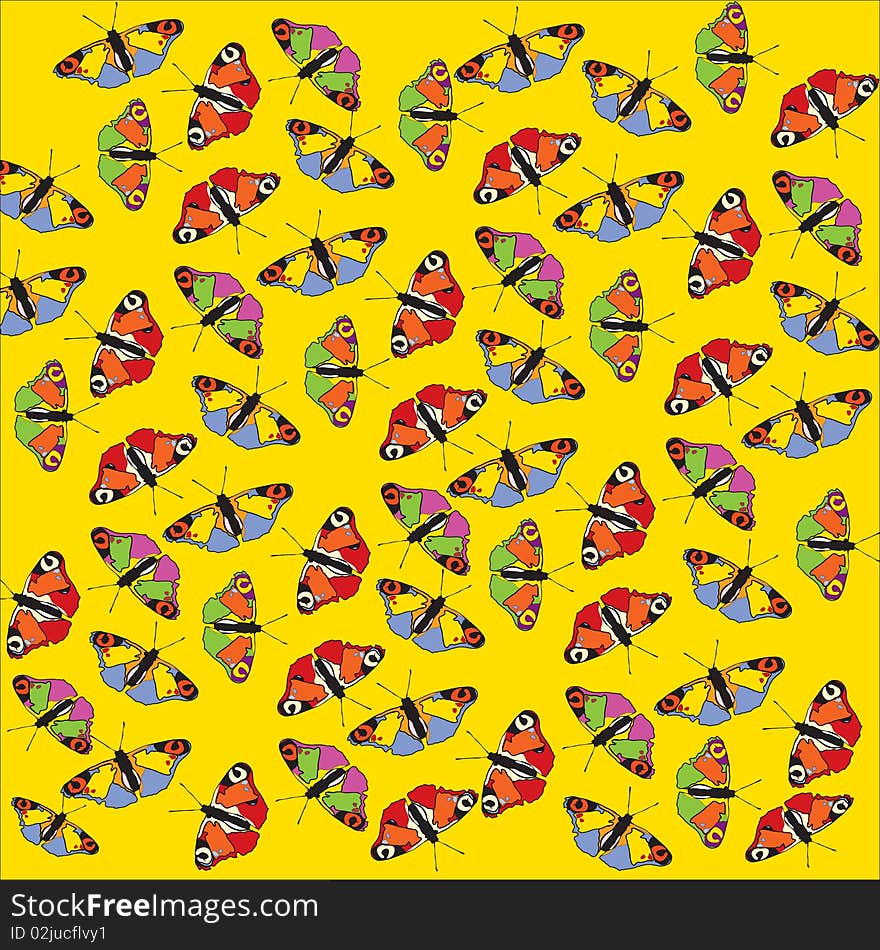 Many beautiful multi-coloured butterflies on a yellow background. Many beautiful multi-coloured butterflies on a yellow background