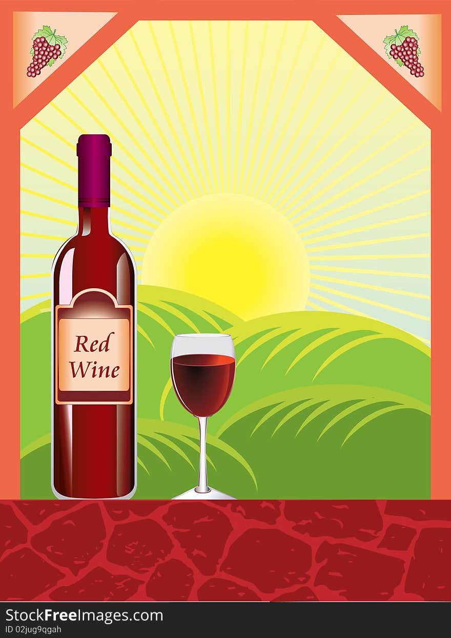 Vector illustration of a red wine bottle, glass and landscape