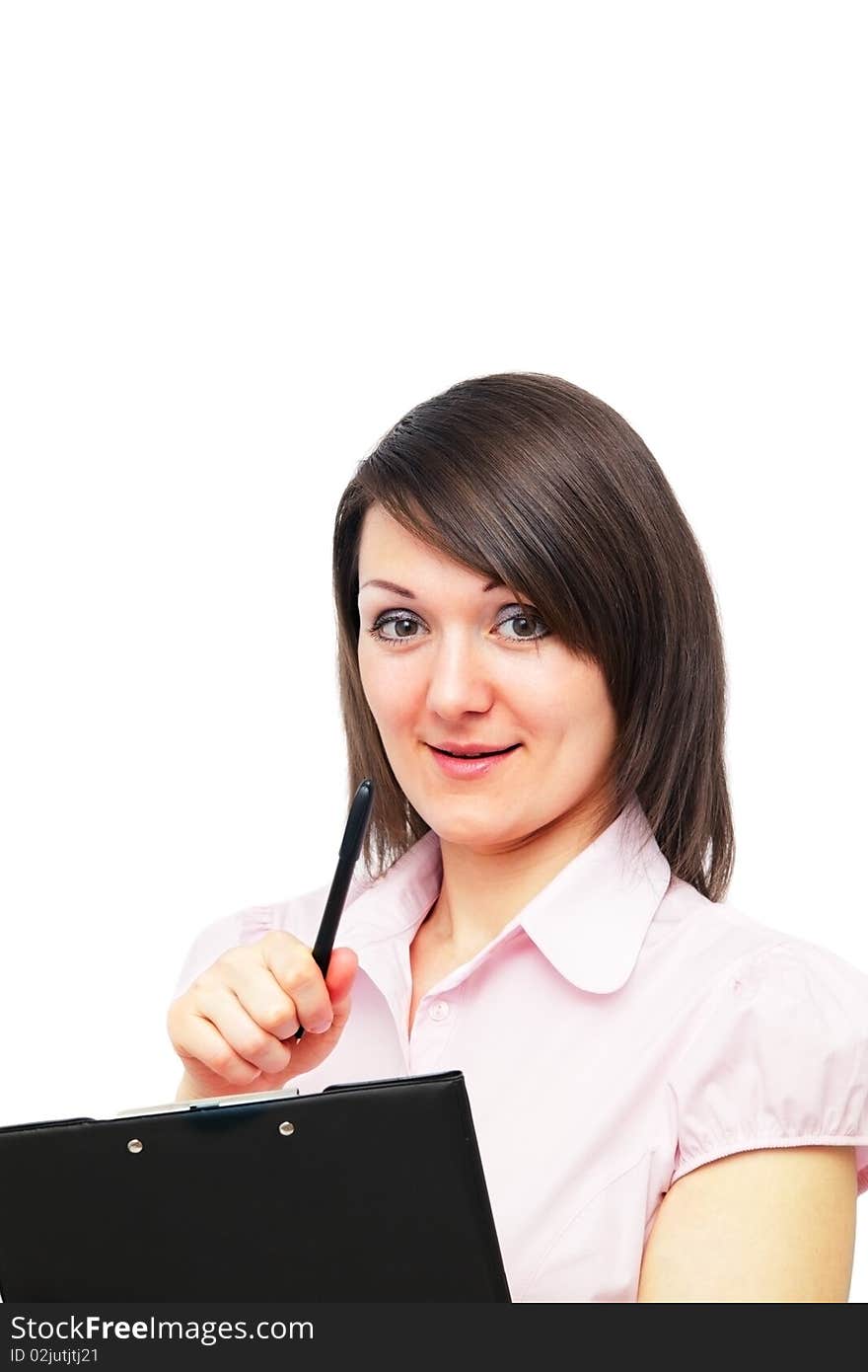 Portrait of a young female pointing at you isolated over white background