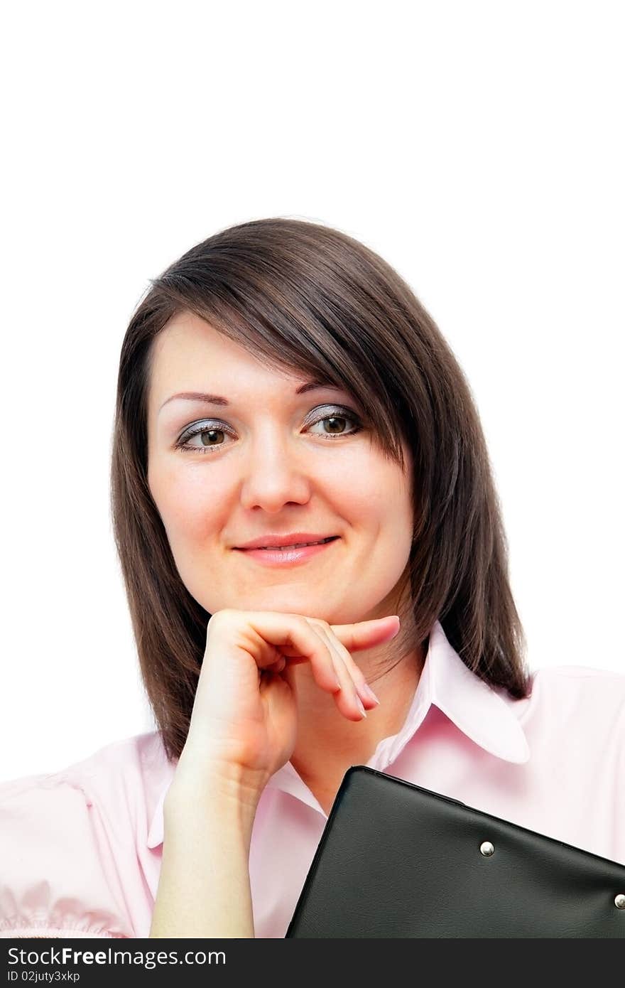 Portrait of a pensive young woman with a notepad white background