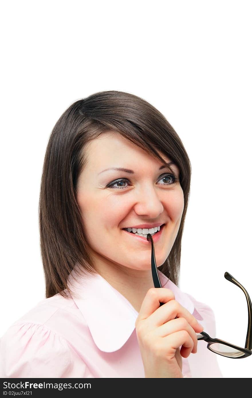 Portrait of a cute young female holding glasses against white background