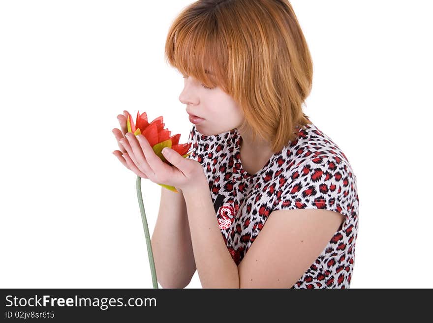 Girl holding a flower studio shot