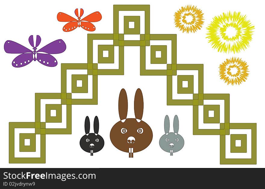 Butterflies, rabbits, linked squares and flower shapes on a white background. Butterflies, rabbits, linked squares and flower shapes on a white background.