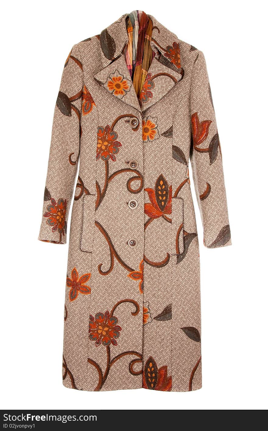 Feminine brown winter coat insulated on white background