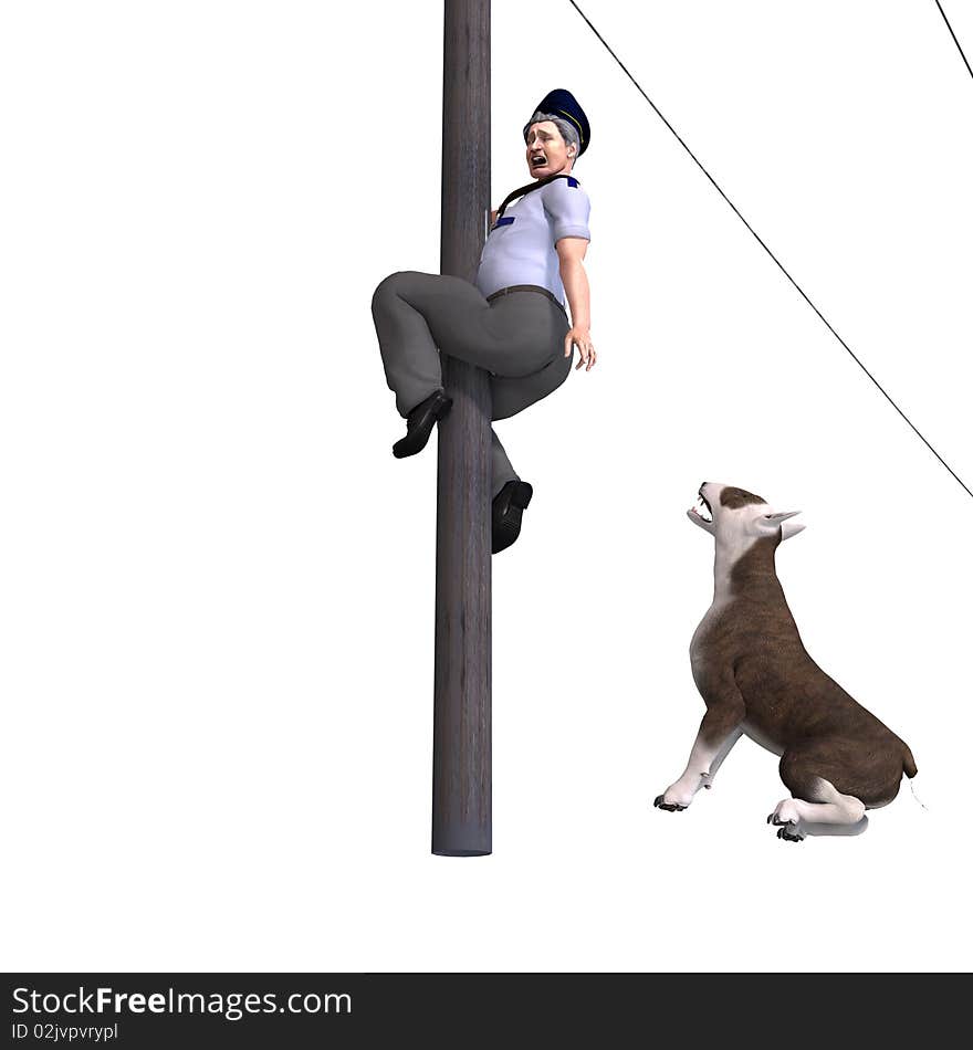 The postman seeks shelter from the dog. 3D rendering with clipping path and shadow over white