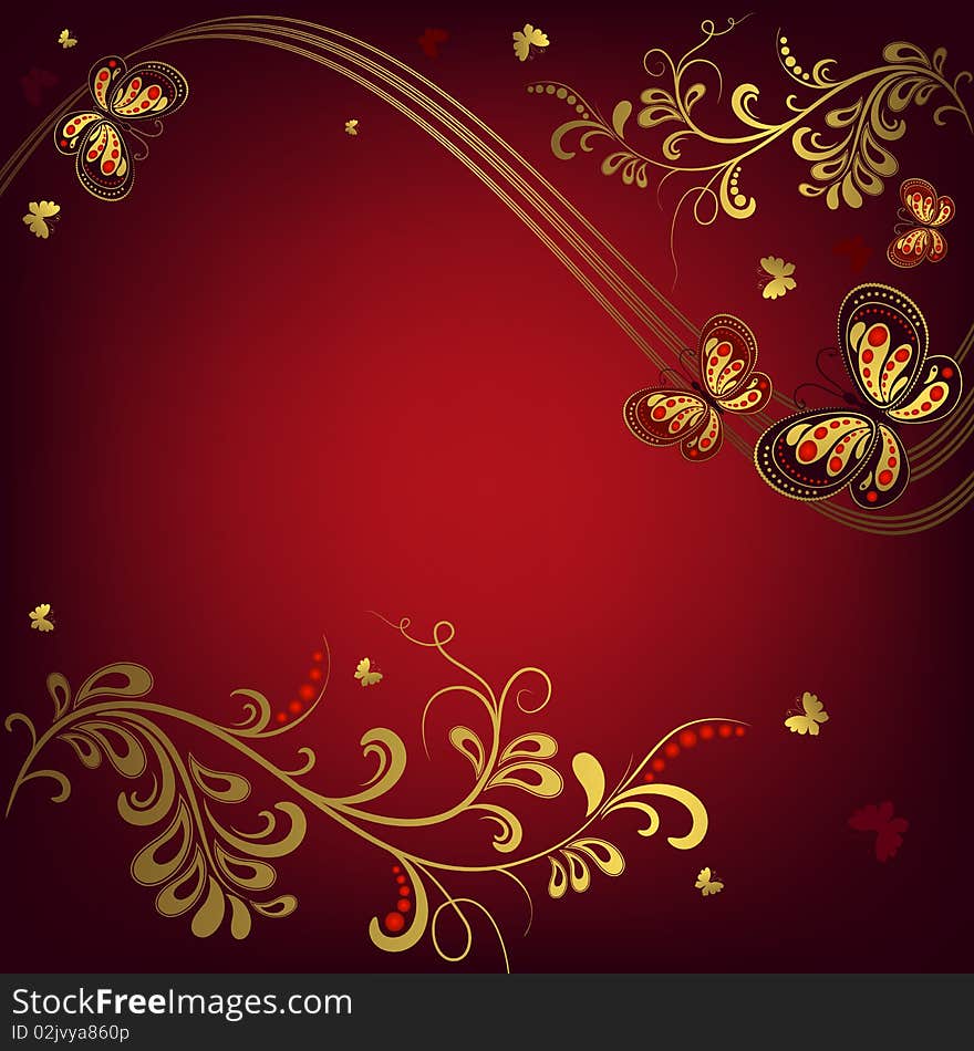 Decorative floral red and golden background with curls and butterflies (vector). Decorative floral red and golden background with curls and butterflies (vector)