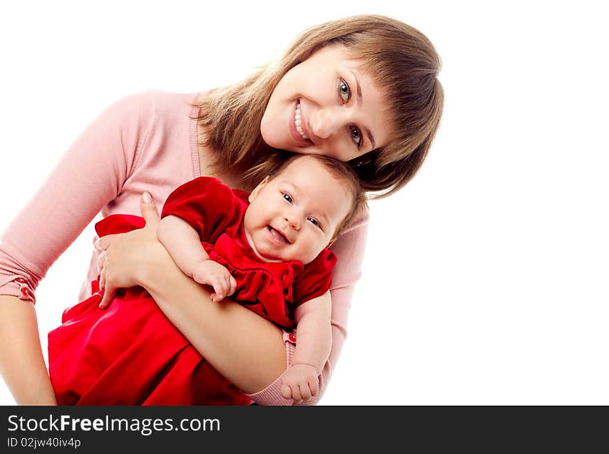 Happy mother with her baby daughter isolated on white. Happy mother with her baby daughter isolated on white