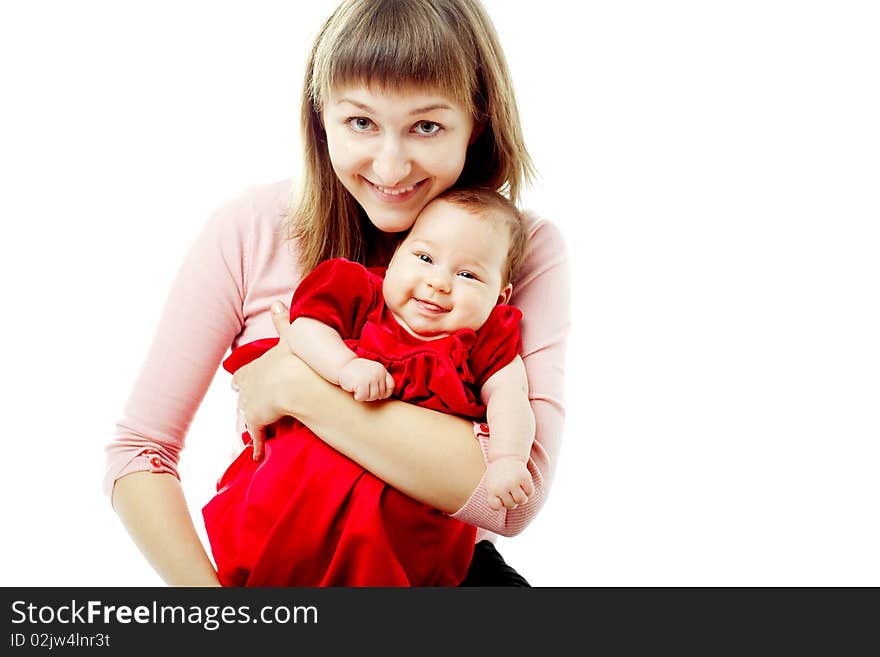 Happy mother with her baby daughter isolated on white. Happy mother with her baby daughter isolated on white