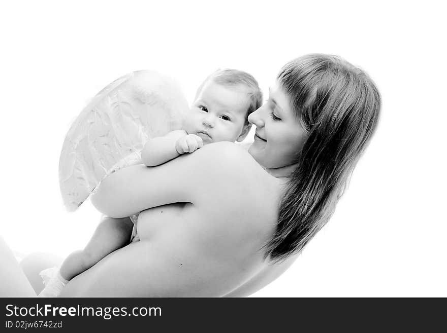 Happy mother with her baby daughter isolated on white. Happy mother with her baby daughter isolated on white